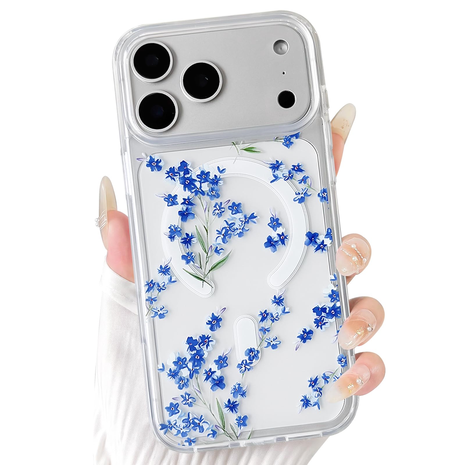 NITITOP Compatible for iPhone 17 Pro Case Cute Clear Magnetic Compatible with MagSafe Cute Flowers Floral Leaves for Women Girls Hard PC Back Shockproof Protective Phone Cover - Blue
