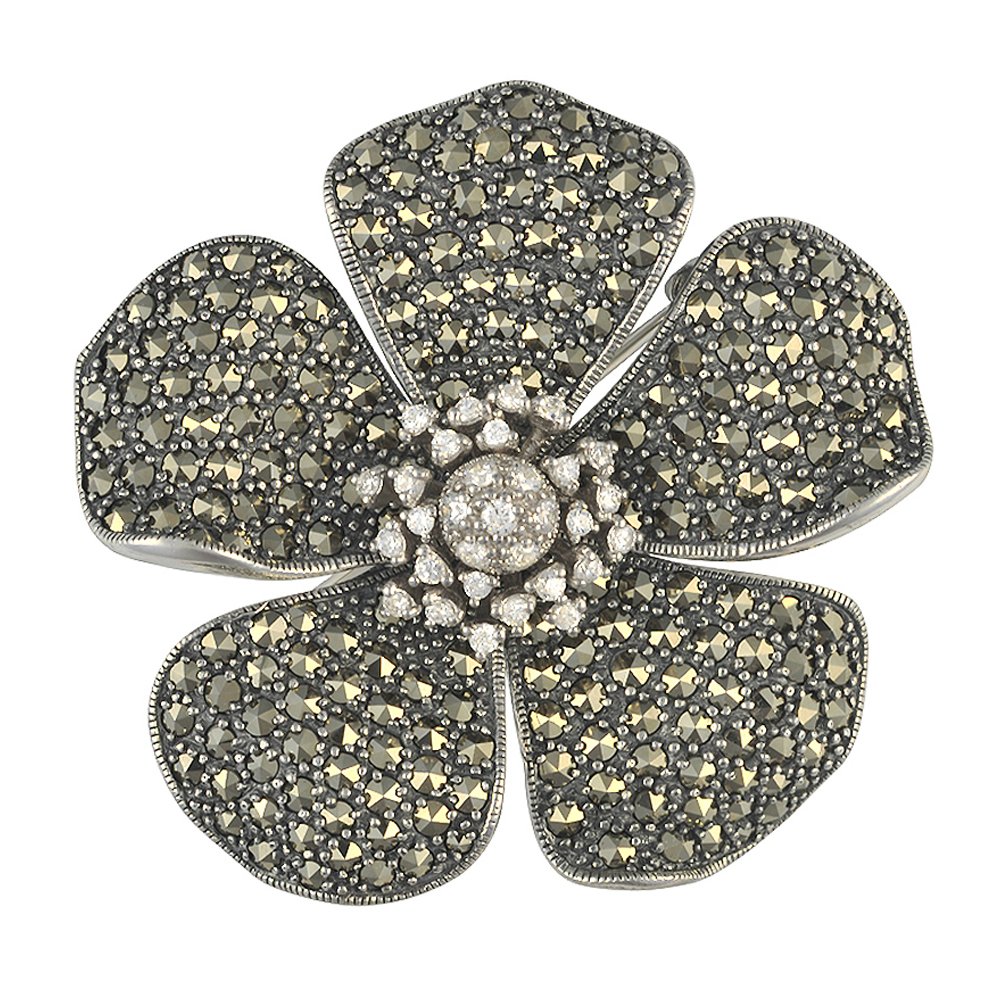Esse Marcasite Sterling Silver Cubic Zirconia and Marcasite Flower Brooch Pendant