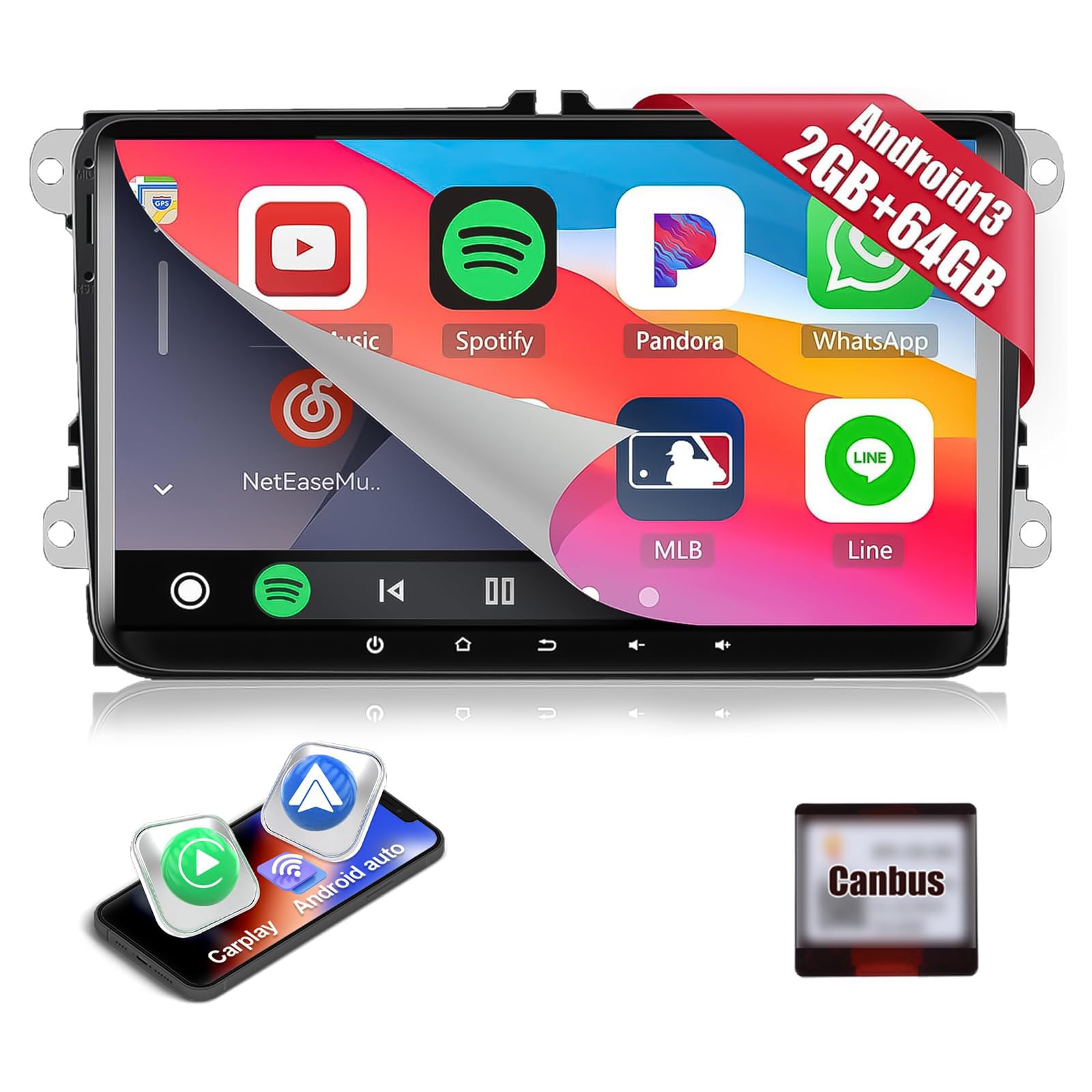 CAMECHO 2+64G Android 13 Car Stereo for VW Passat Jetta Seat Golf Skoda Polo Tiguan Seat Skoda,9 inch Double Din Car Stereo with Sat Nav Wireless Carplay Android Auto RDS FM Bluetooth Mirror Link