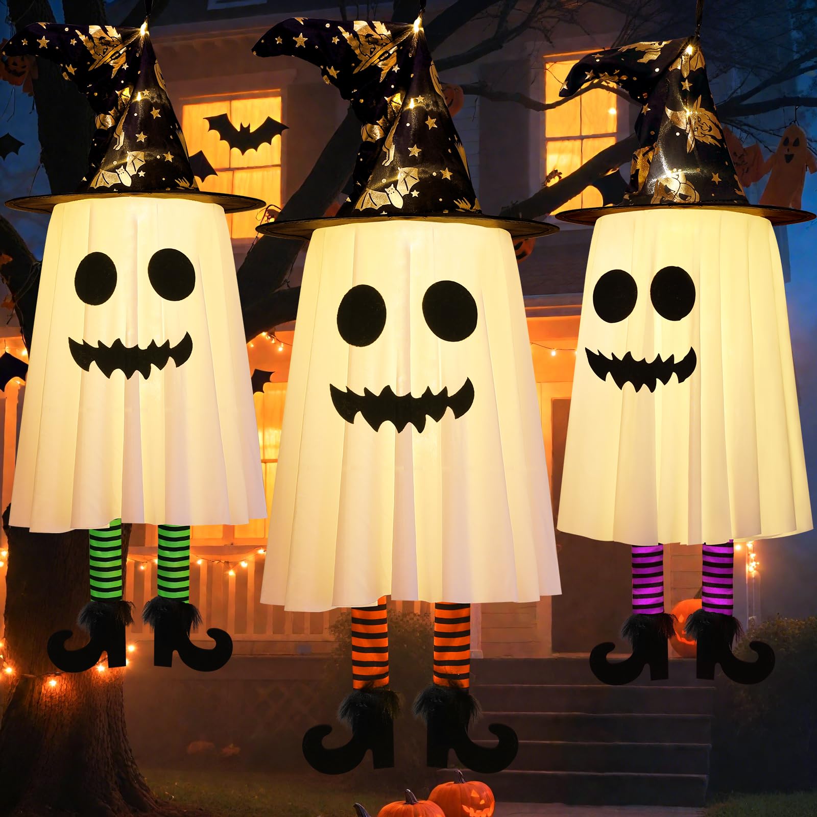 Photo 1 of 3 Packs Halloween Hanging Ghosts Decorations Outdoor Indoor, Spooky Glowing Ghost Witch Hat Striped Stockings High Heels String Lights 3 Modes Patio Yard Front Porch Tree Party(Contains 18 Batteries)