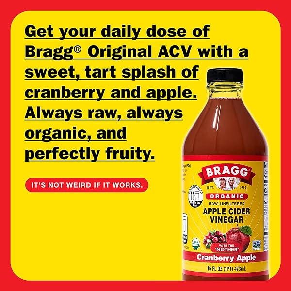 BRAGG ORGANIC APPLE CIDER VINEGAR CRANBERRY APPLE BLEND WITH THE MOTHER – 16 FL OZ – RAW AND UNFILTERED