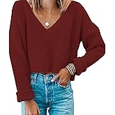 Jumppmile Womens V Neck Waffle Knit Cropped Top Long Sleeve Pullover Crop Sweater