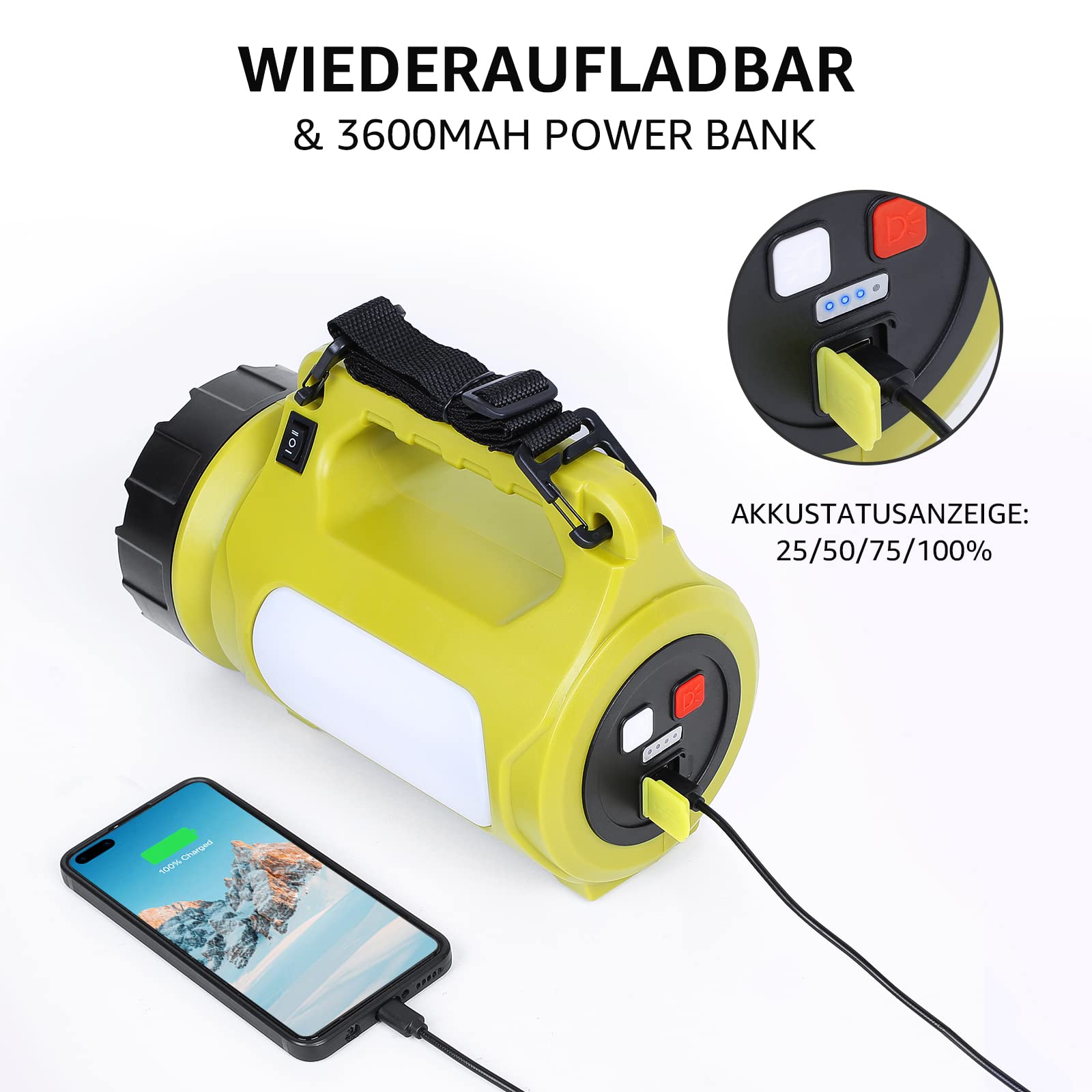 LE LED Handscheinwerfer 1000 Lumen, Wiederaufladbare CREE Akku Handlampe mit 3600mAh Powerbank, 10W Dimmbare Taschenlampe inkl. 3 Lichtmodi 2 Helligkeitsstufen, USB-Kabel für Notfall Camping usw. 4