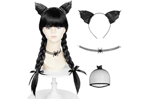 Probeauty Long Black Braided Wig for Kids Girls Cosplay Wigs with Devil Headband Necklace for Halloween Costume