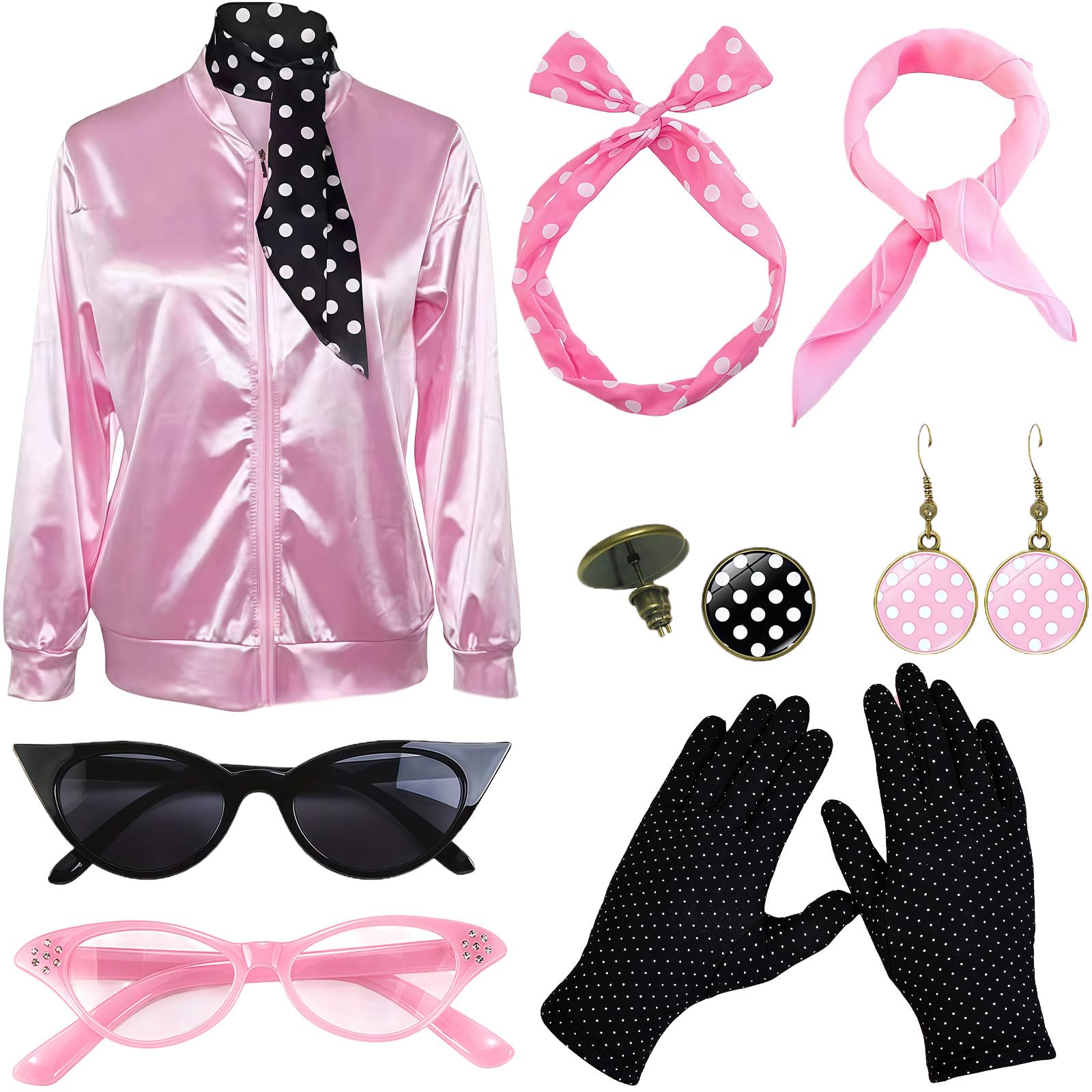 MUNSKT Pink Lady Jacket,Women Fancy Dress Costumes,1950S Costume Outfits,50s Pink Ladies Jacket with Accessories Halloween Cosplay Costume (XXL)