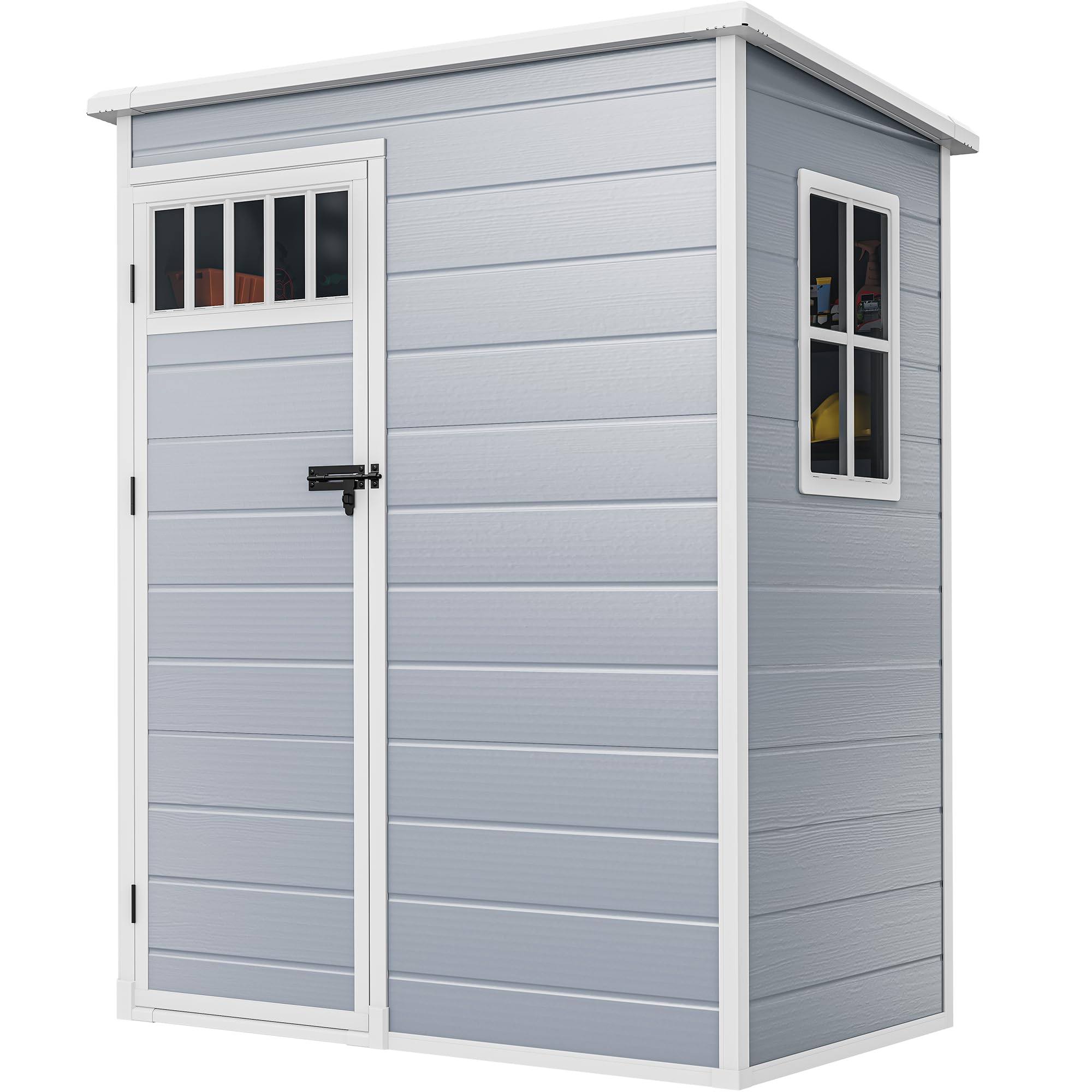 Photo 1 of  PARTIAL SET   DWVO 5x3FT Outdoor Storage Shed with Fence-Style and Side Windows, Floor, Lockable Doors, Plastic Storage Shed, Storage Shed for Backyard and Garden, Gray
