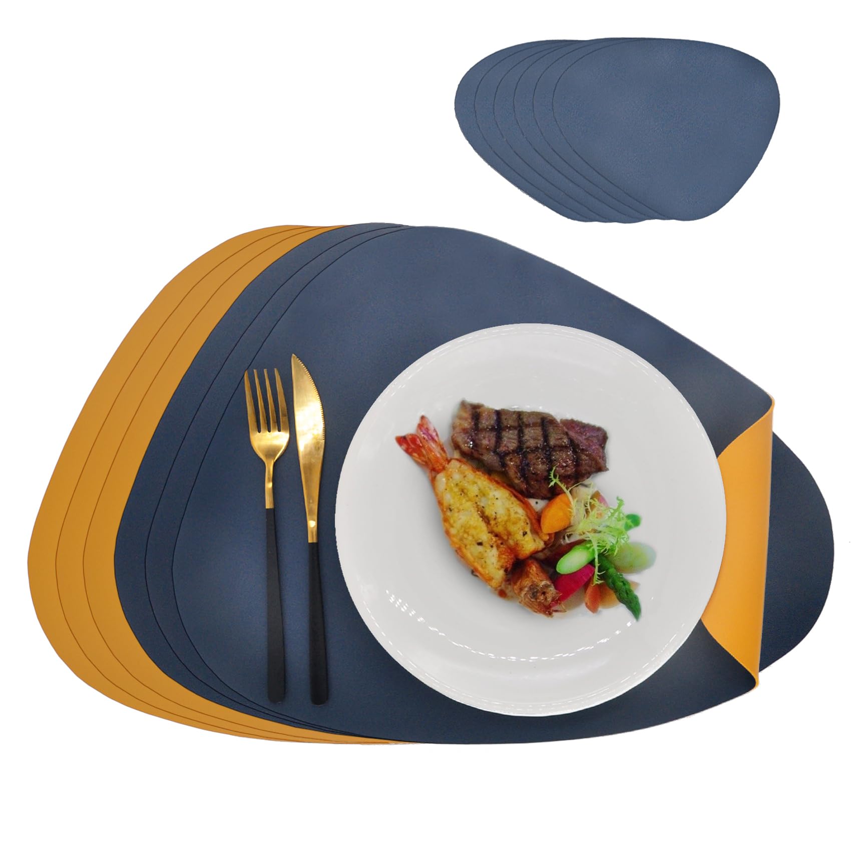 Double Side Leather Placemats and Coaster Sets - Washable Non Slip Table Mats Hot Resistant for Dining Table (Navy-Yellow, 6 Placemats + 6 Coasters)