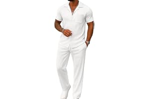 UOUA Mens Summer 2 Piece Set Casual Outfits Button Short Sleeve Shirt & Loose Pants Textured Striped Tracksuit Walking Suits