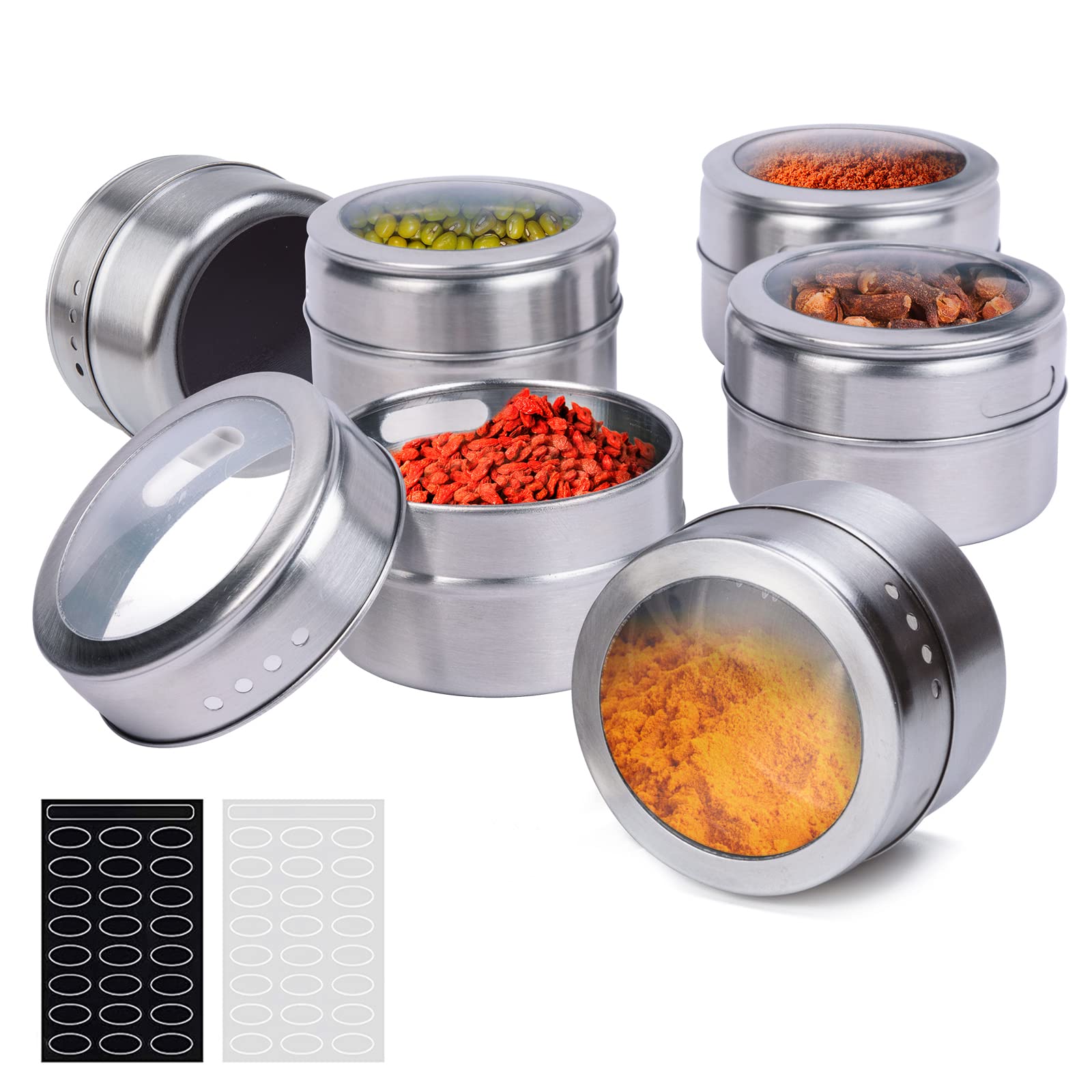 SZILBZ Spice Jars 6 Set, Stainless Steel Transparent Top BBQ Spice Tin Magnetic Storage Containers Stick on Refrigerator and Grill, with 48 Spice Stickers