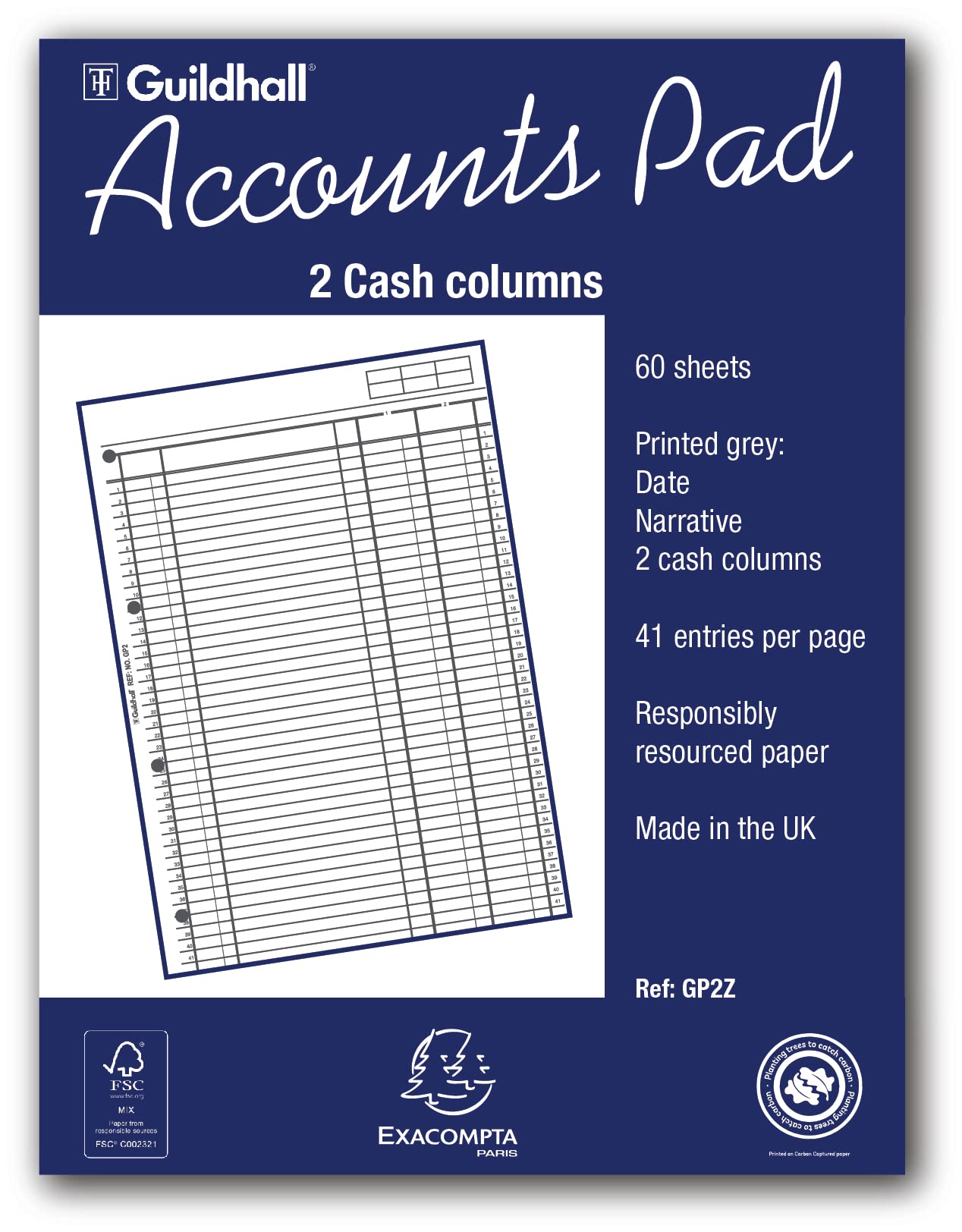 Exacompta 'Guildhall' Accounts Pad, A4, 60 sheets, 2 Cash Columns, White