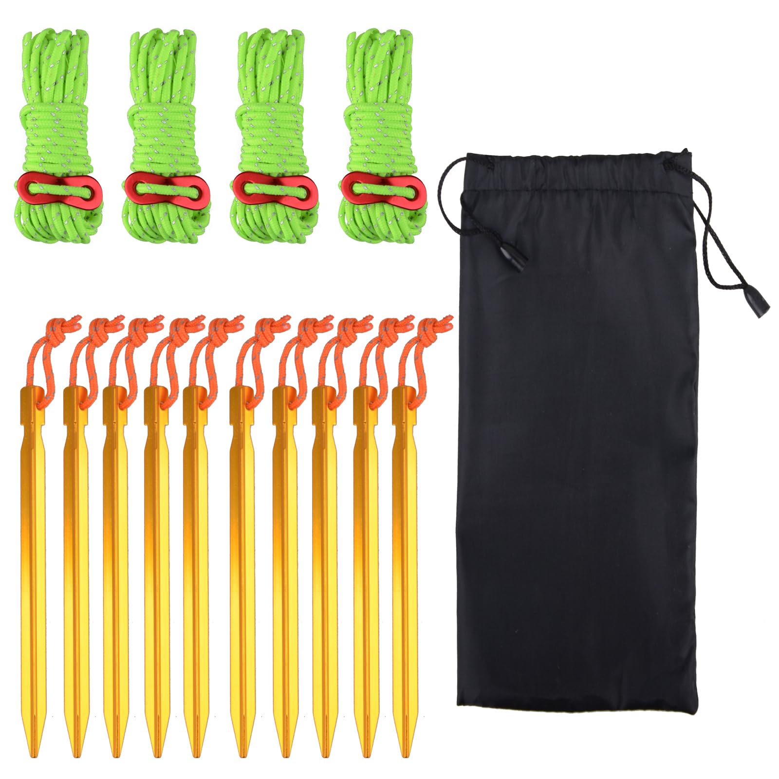 TRIWONDER Guy Ropes Reflective Guylines with Cord Tensioners Tent Stakes Ground Pegs for Camping, Hiking, Backpacking (Fluorescent Green)