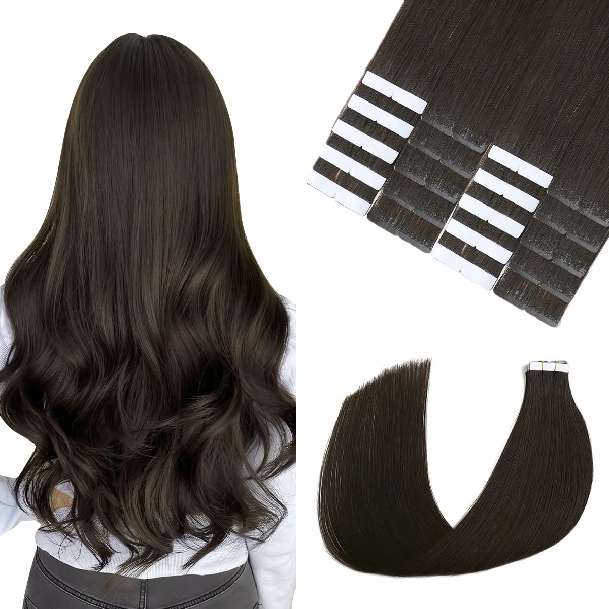 Sindra Tape In Hair Extensions Human Hair 50g 14 Inch 20pcs Dark Brown Silky Straight Remy Tape in Extensions for Women #2 14" — image 1