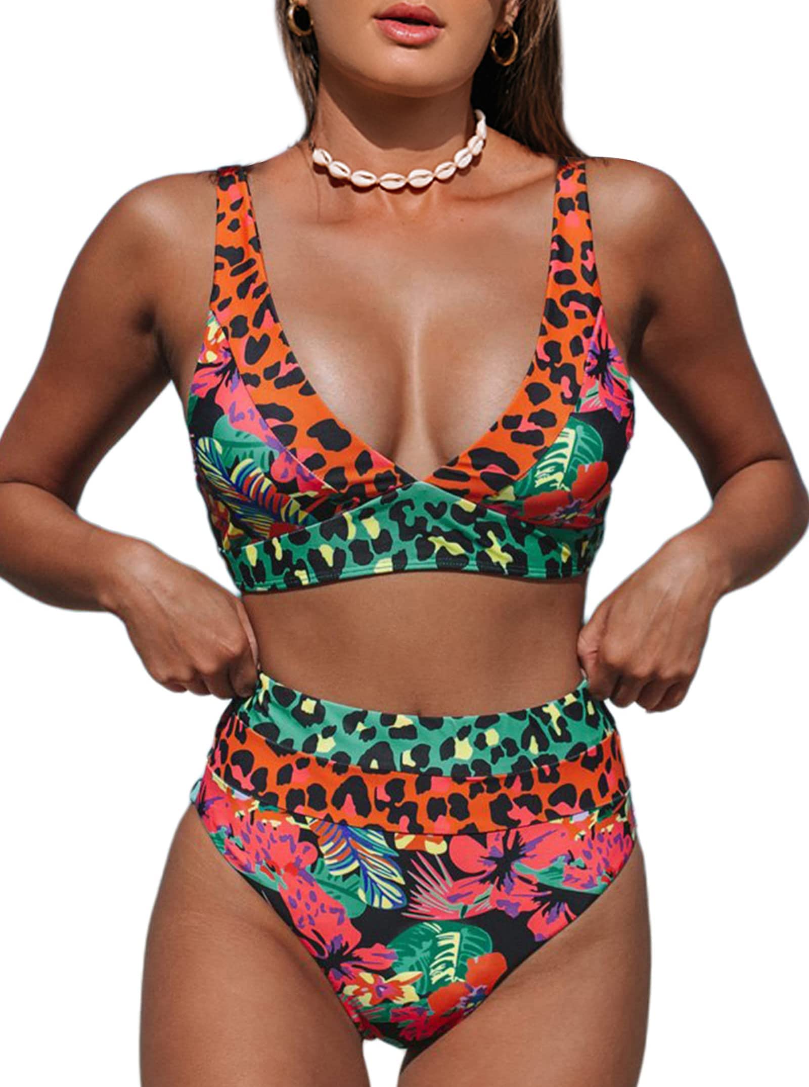 Photo 1 of Hilinker Women's Leopard Bikini Swimsuits V Neck High Waisted 2 Piece Bathing Suits Coral Large