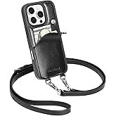 LUCKYCOIN for iPhone 16 Pro Crossbody Wallet Purse Phone Case, Genuine Leather Phone Case for Women,for iPhone Purses with Expandable Card Holder & Adjustable Removable Crossbody Strap - Black