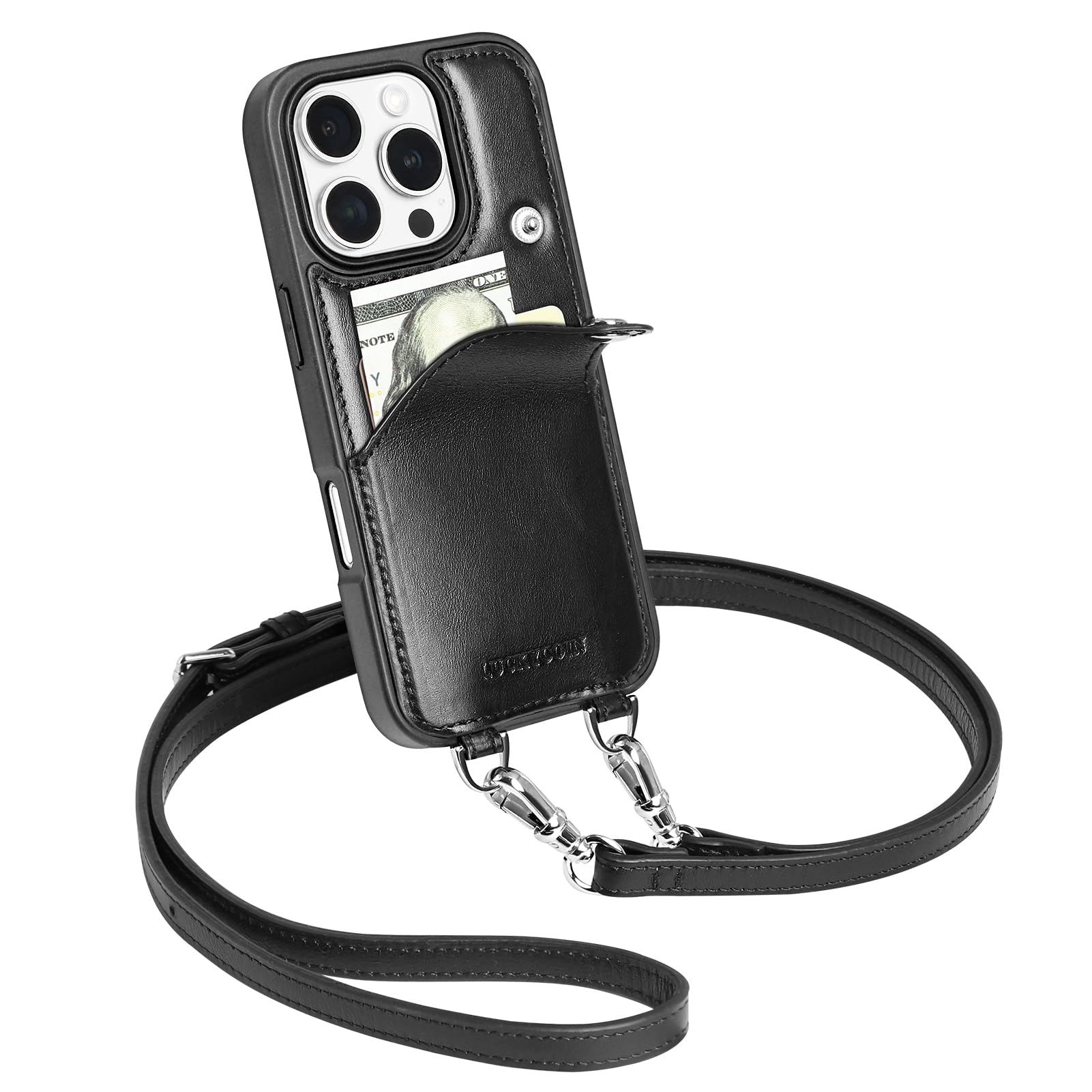 Photo 1 of LUCKYCOIN Crossbody Wallet Phone Case for iPhone 16 Pro,100% Genuine Leather Phone Purse Case for Women,with Expandable Card Holder,with Adjustable & Removable Strap Retro Black