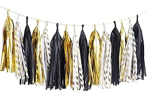 NICROLANDEE Black Gold Graduation Party Decorations, 15PCS Black Gold Tissue Paper Tassel Garland for Birthday, Wedding, Bridal Shower, Bachelorette Party, 2026 New Year's Eve Party Supplies