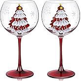Joeyan Christmas Crystal Balloon Wine Glasses,Hand Painted Large Wine Goblet Glass Cups with Stem,Gin Tonic Cocktail Drinking Glasses with Red Xmas Tree and Snowflakes Patterns,19.5 oz,Set of 2