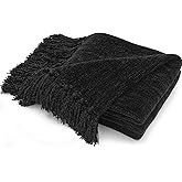 RECYCO Throw Blanket Soft Cozy Chenille Throw Blanket with Fringe Tassel for Couch Sofa Chair Bed Living Room Gift (Black, 50" x 60")