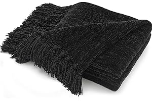 RECYCO Throw Blanket Soft Cozy Chenille Throw Blanket with Fringe Tassel for Couch Sofa Chair Bed Living Room Gift (Black, 50" x 60")