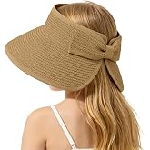 ZOORON Girls Straw Sun Visor Hat, Wide Brim Ponytail Beach Hat with Bow | Foldable Packable Roll-Up,Breathable,Sweat Wicking Band,Detachable Chin Strap,for Kids Summer Travel