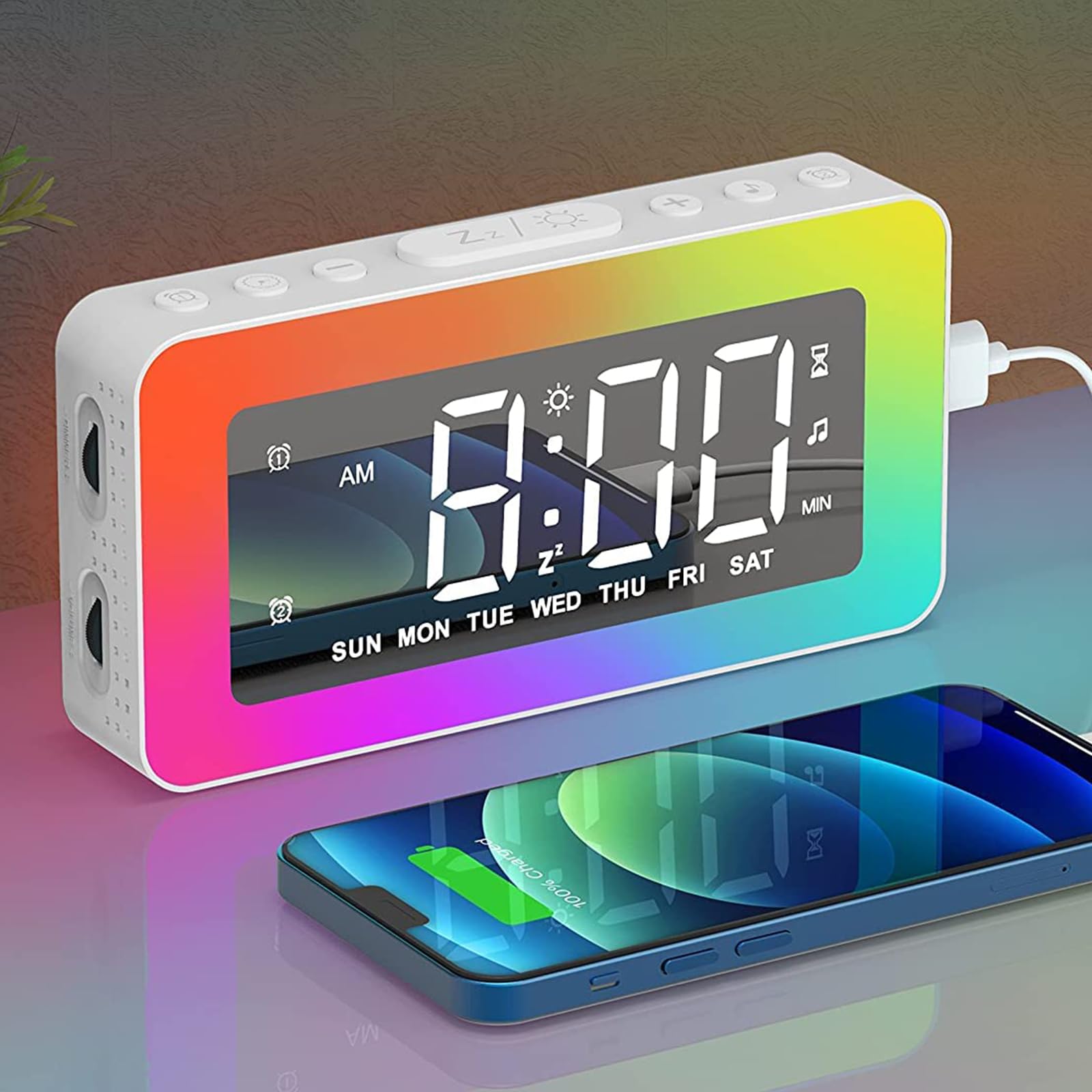 AFEXOA Digital Alarm Clock with RGB Night Lights, Non Ticking Alarm Clocks Bedside with Dual Alarm, LED Alarm Clock with Large Display, Snooze, 0-100% Dimmer, USB Powered, Bedside Clock for Bedrooms