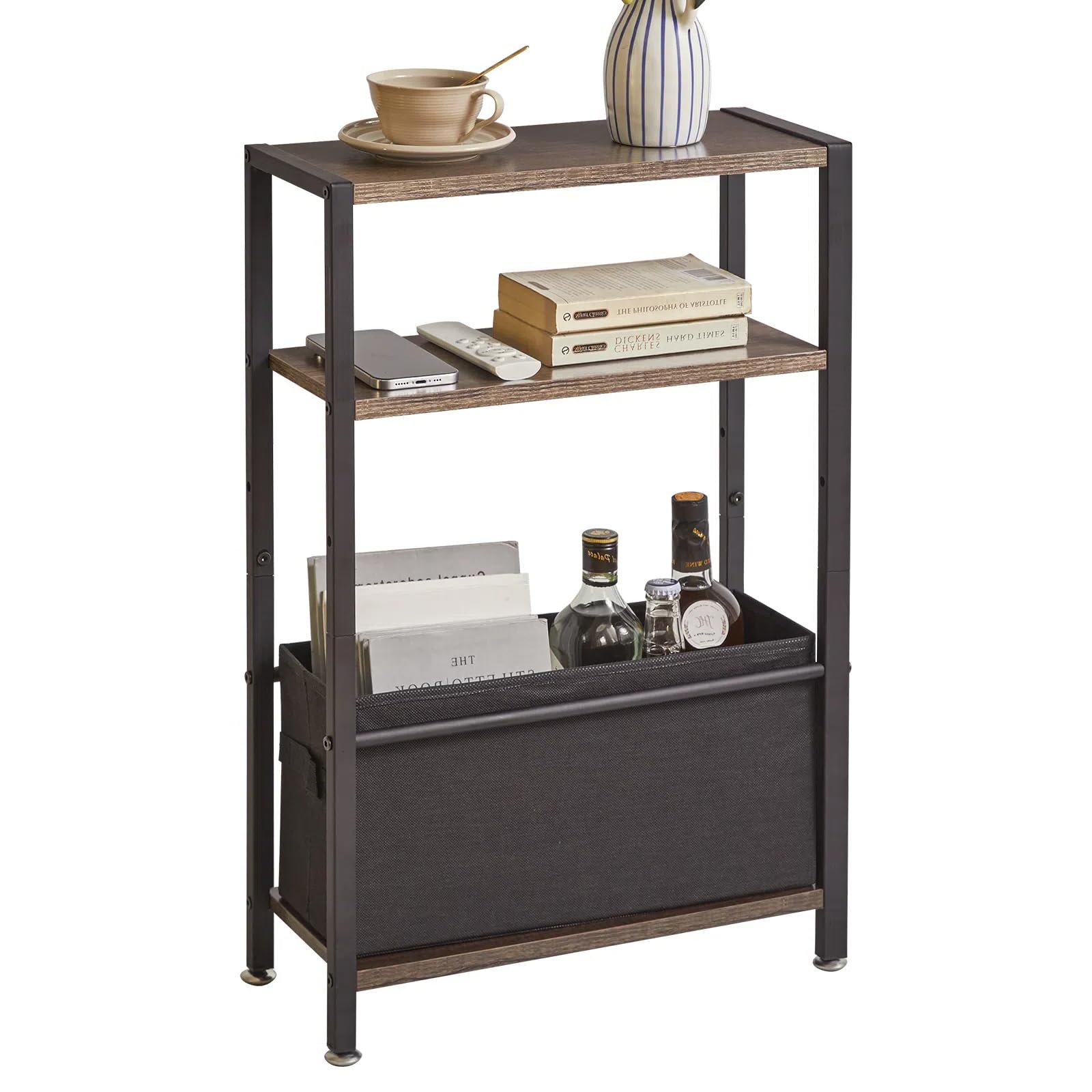 Aibiju Side Table with Storage, 3-Tier Slim Side Table with Fabric Basket，Narrow Bedside Table for Small Spaces，Bedroom,Living Room,Dark Grey, YD-TM052G