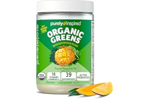 Purely Inspired Organic Green Powder Smoothie Mix, Tropical Mango Iced Tea Flavor (30 Servings) - Probiotics for Digestive Health with Spirulina & Chlorella for Gut Health - Vegan & Gluten-Free