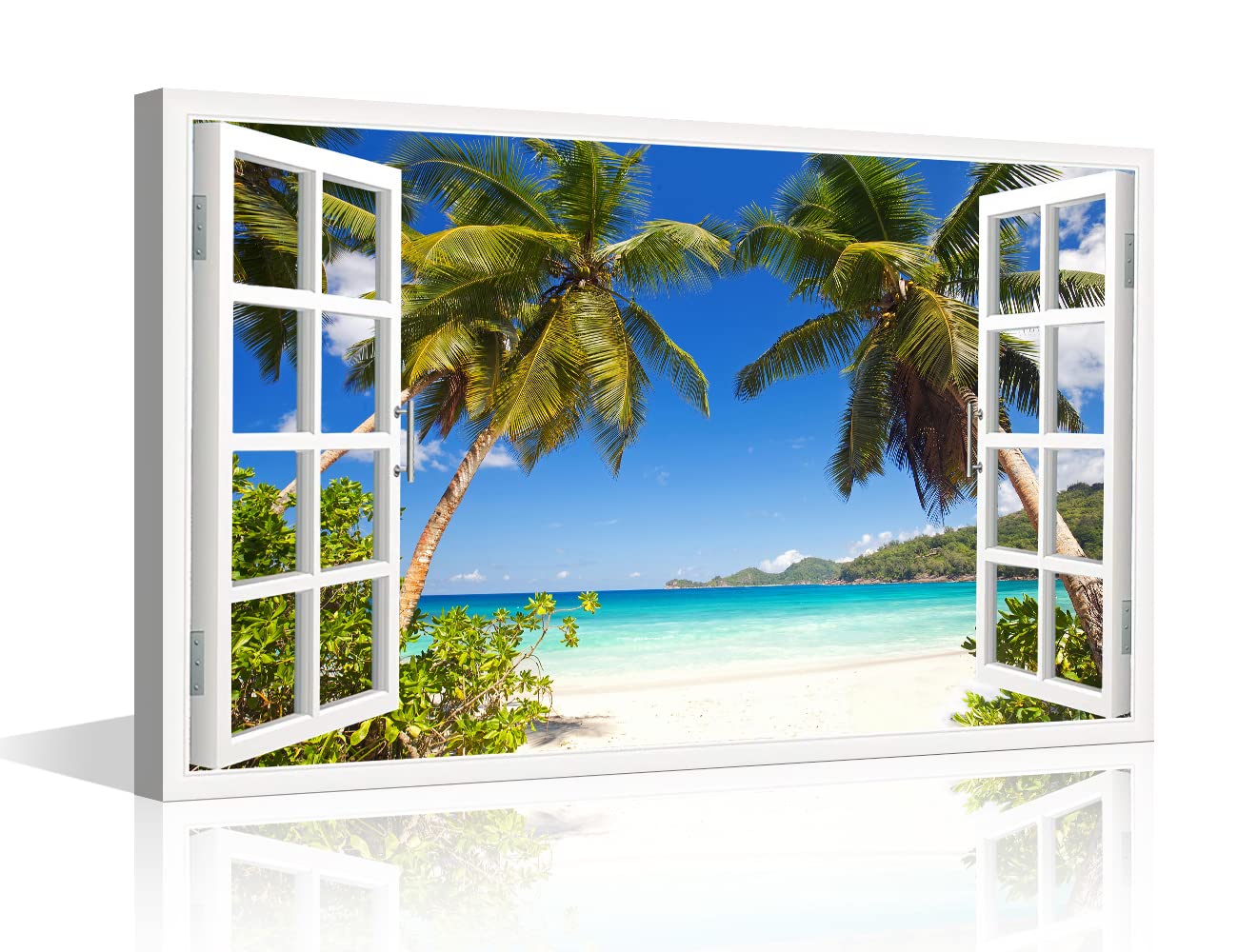 TISHIRON 3D Window Effect Canvas Art Wall Framed Modern Home Decor Beach Coconut Tree View Pictures for Home Living Room Dining Room Wall Decor Posters Prints Ready to Hang - 12" W x 18" H — image 1
