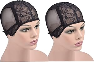 2 Pieces Double Lace Wig Caps for Making Wig Swiss Lace Hairnet Wig Cap with Adjustable Straps on the Back (Black M)