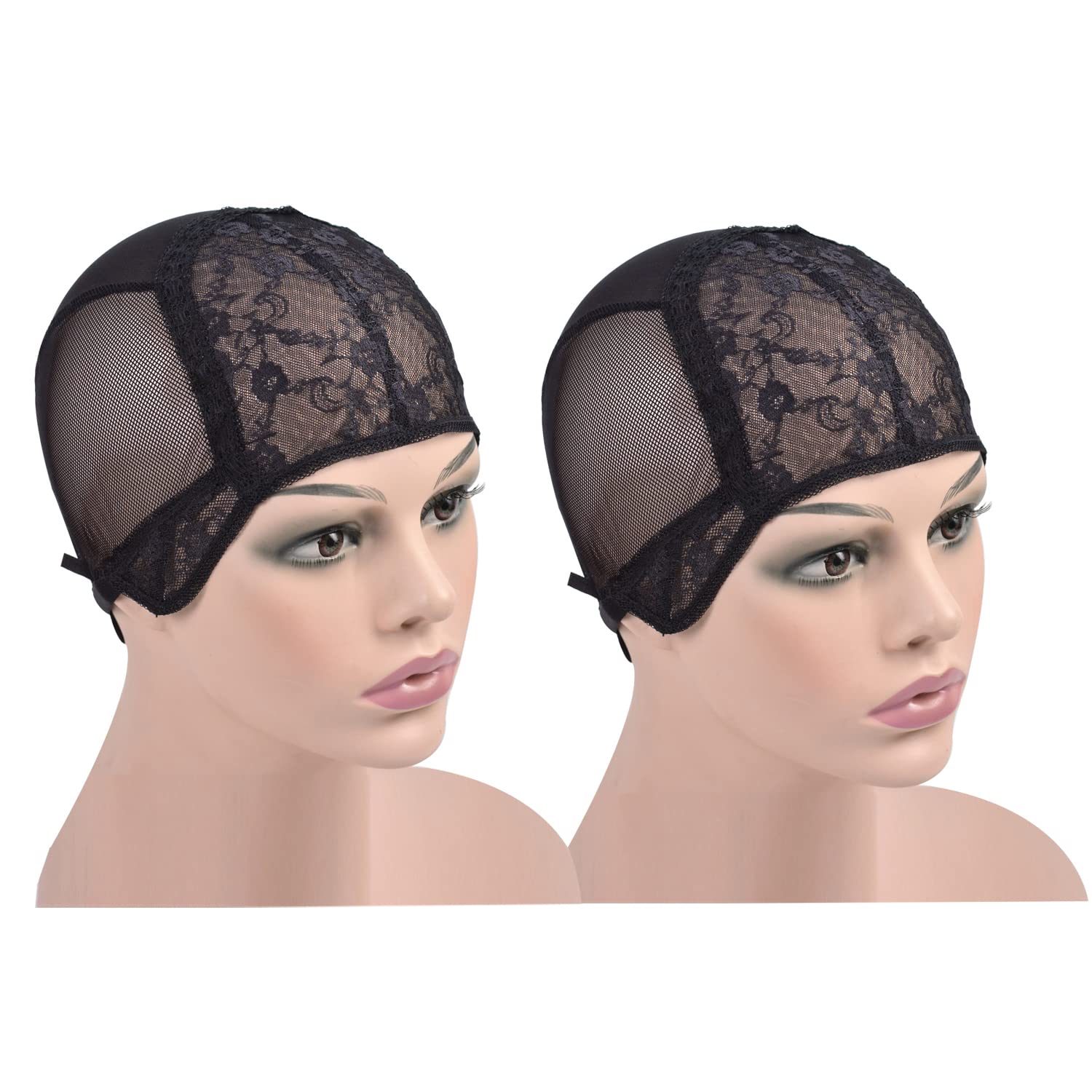 2 Pcs Black Double Lace Wig Cap with Adjustable Straps Swiss Lace Hairnet on the Back for Making Wigs (Black L)