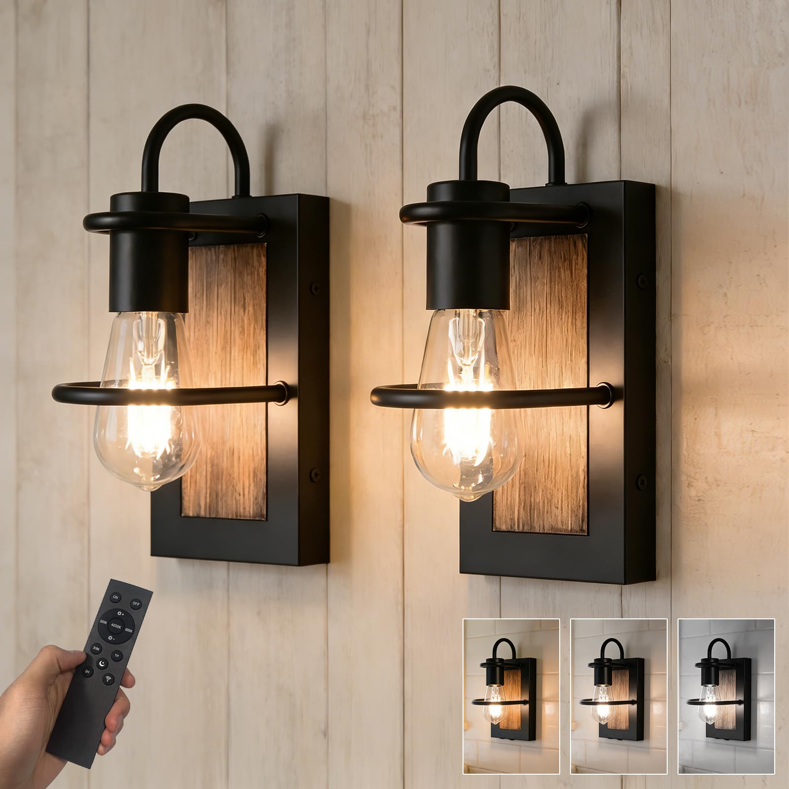 Photo 1 of ThyFenno Battery Operated Wall Sconce Set of 2, Wireless Wall Lights with Remote Control, Dimmable 3 Color Temperatures, Rechargeable Wall Sconce with Vintage Faux-Wood Finish for Bedroom Living Room