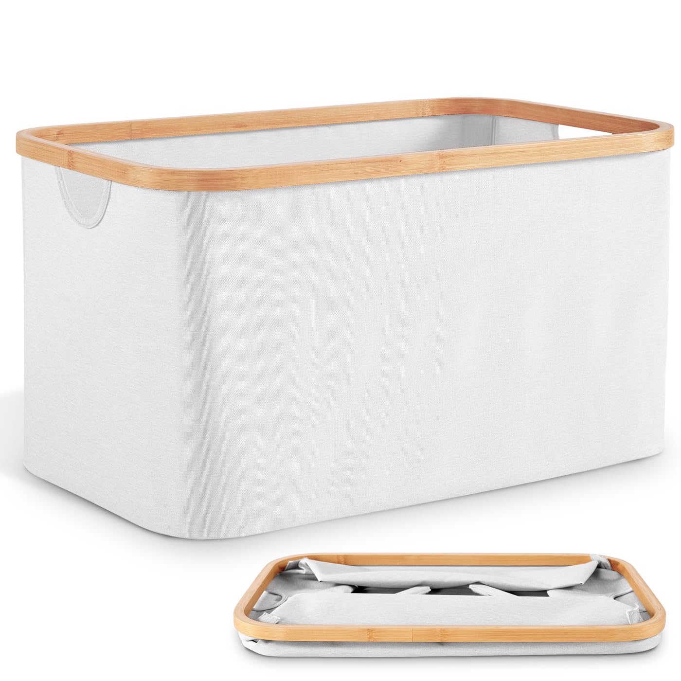 DOKRVLOQ Collapsible Laundry Washing Baskets White Bamboo Cloth Fabric 50l Large Foldable Wash Clothes Storage Ironing Basket Folding Space Saving Laundry Hamper