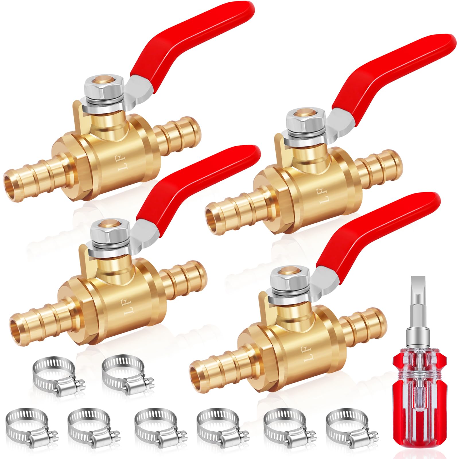 Photo 1 of ?4pcs 3/8'' Brass Barb Ball Valves, Mini Shut Off Valve, 180 Degree Turn Handle Heater Hose Shut off Ball Valve with Clamps, Fuel Shut Off Valve for Water Gas Fuel Drip Irrigation Heater Hose
