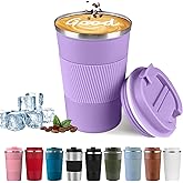 YINBAOGE Insulated Travel Coffee Mug, Spill & Leak Proof, Portable To Go Camping Stainless Steel Coffee Tumbler, Reusable Thermal Coffee Cup with Lid for Hot & Cold Drinks (Purple, 12 OZ)