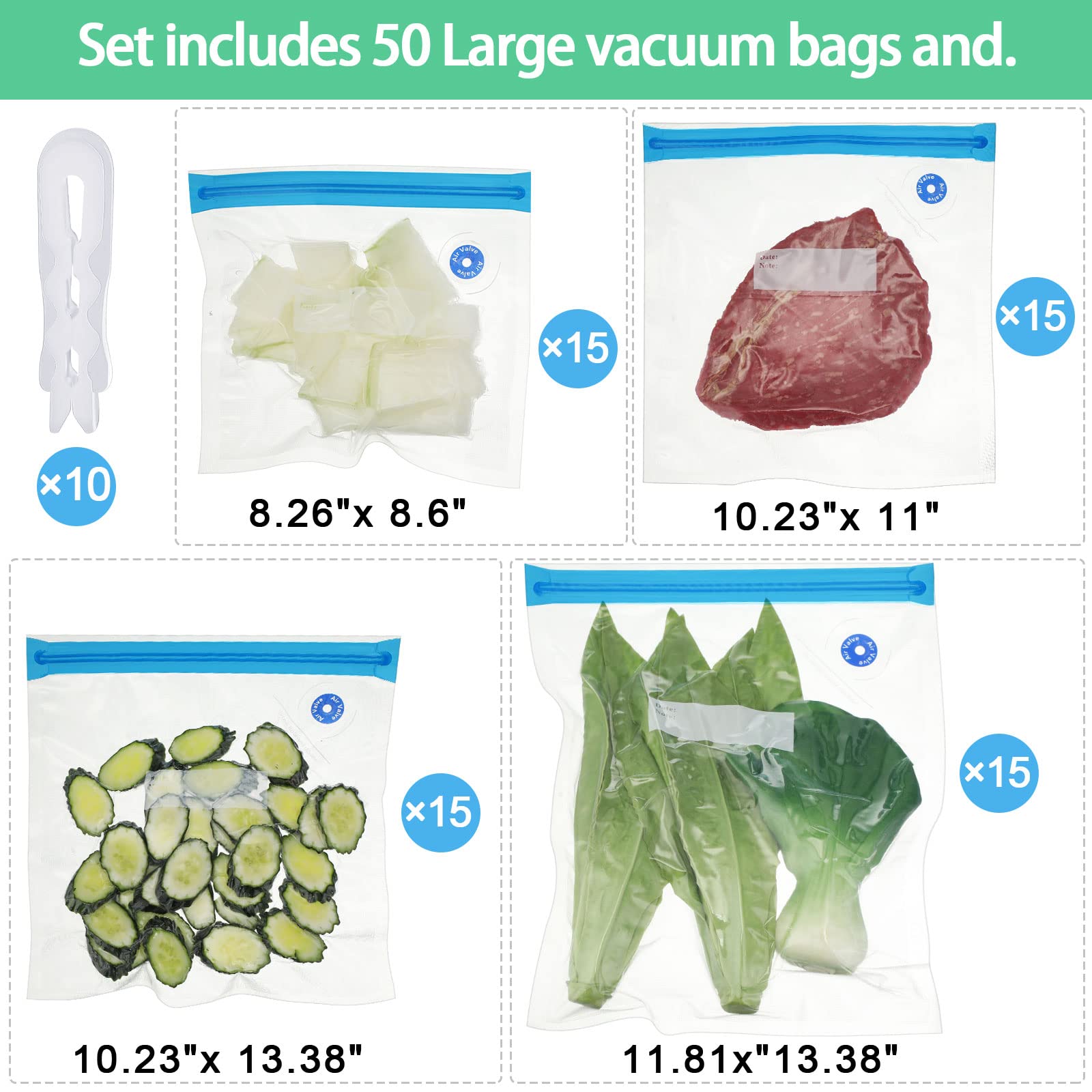 60 Pack Sous Vide Bags Vacuum Sealer for Food, 4 Sizes Reusable Food Bags Vacuum Zipper Storage with Air Valve Double Layers Food Storage