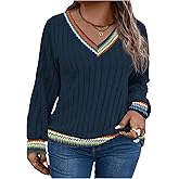 GORGLITTER Women's Plus Size Fall Sweater Colorful V Neck Long Sleeve Dressy Trendy 2025 Pullover Jumpers Tops