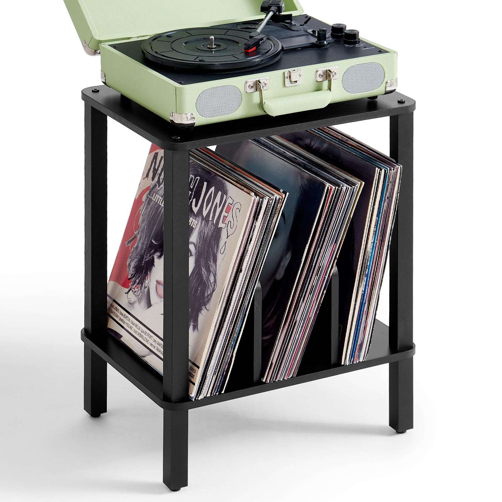 Photo 1 of LELELINKY 2-Tier Record Player Stand with Vinyl Record Storage up to 100 Albums, Bedroom Record Holder and Multi-Functional End Table for Living Room, Black