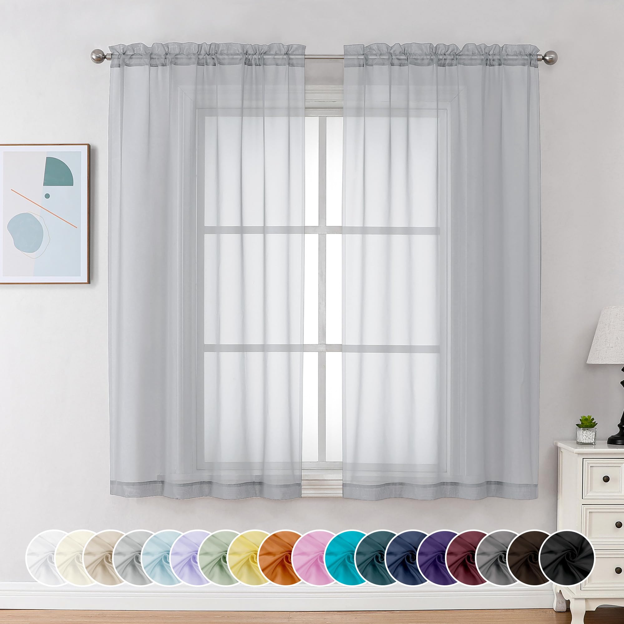 Photo 1 of Chyhomenyc Light Grey Sheer Curtains 54 Inch Long 2 Panels, Light Filtering Rod Pocket Voile Short Curtains Drapes for Living Room Bedroom Small Windows, 42Wx45L Inches