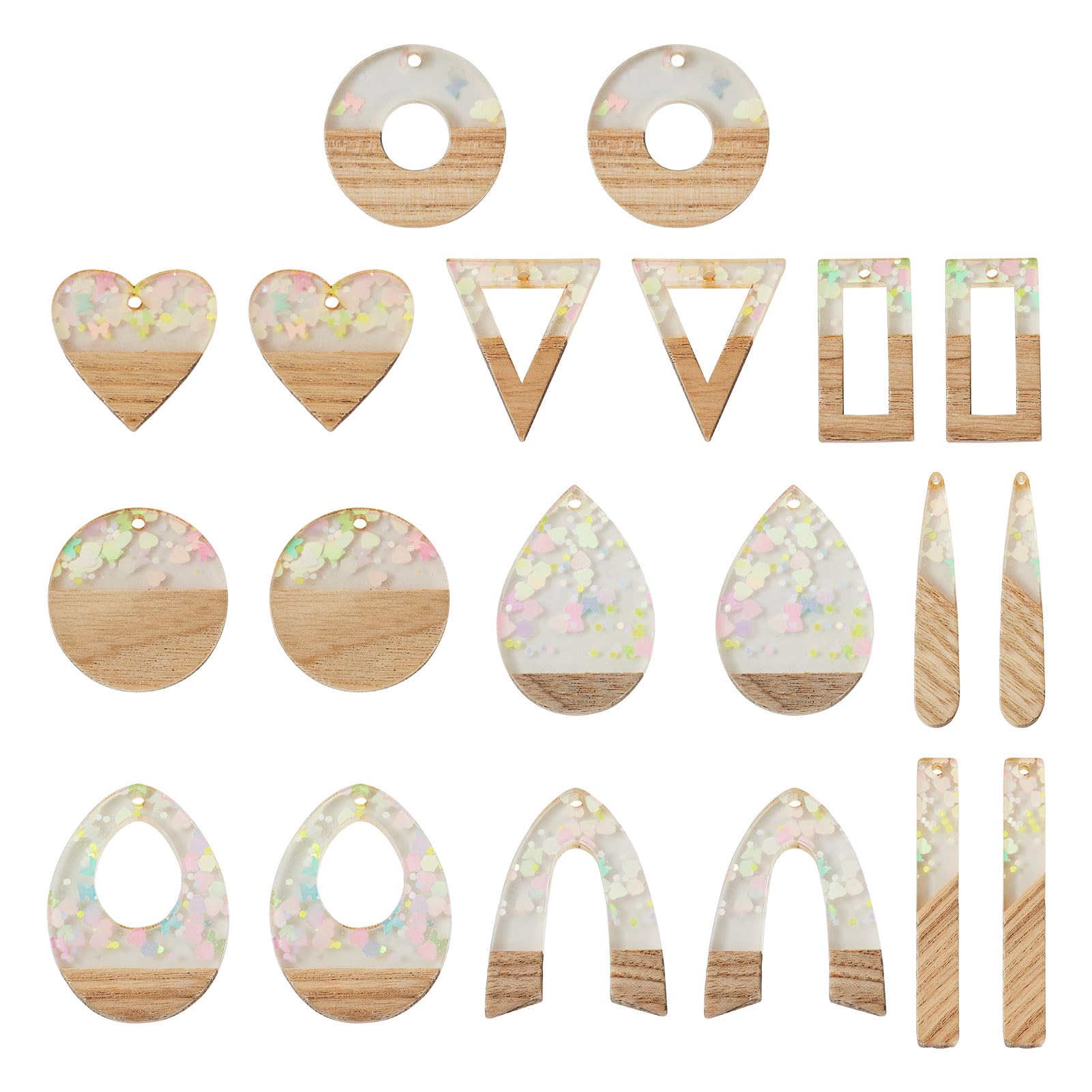Crafans 20Pcs White Resin Wood Pendants with Pink Color Paillettes Teardrop Arch Donut Hollow Triangle Charms Geometry Resin Wood Charms for Jewelry Making