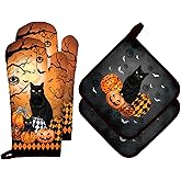Arquiel Halloween Cat Oven Mitts and Pot Holders Sets 4Pcs, 100% Cotton Heat Resistant, Extra Long Oven Gloves Potholder for Kitchen Cooking Baking Decoration