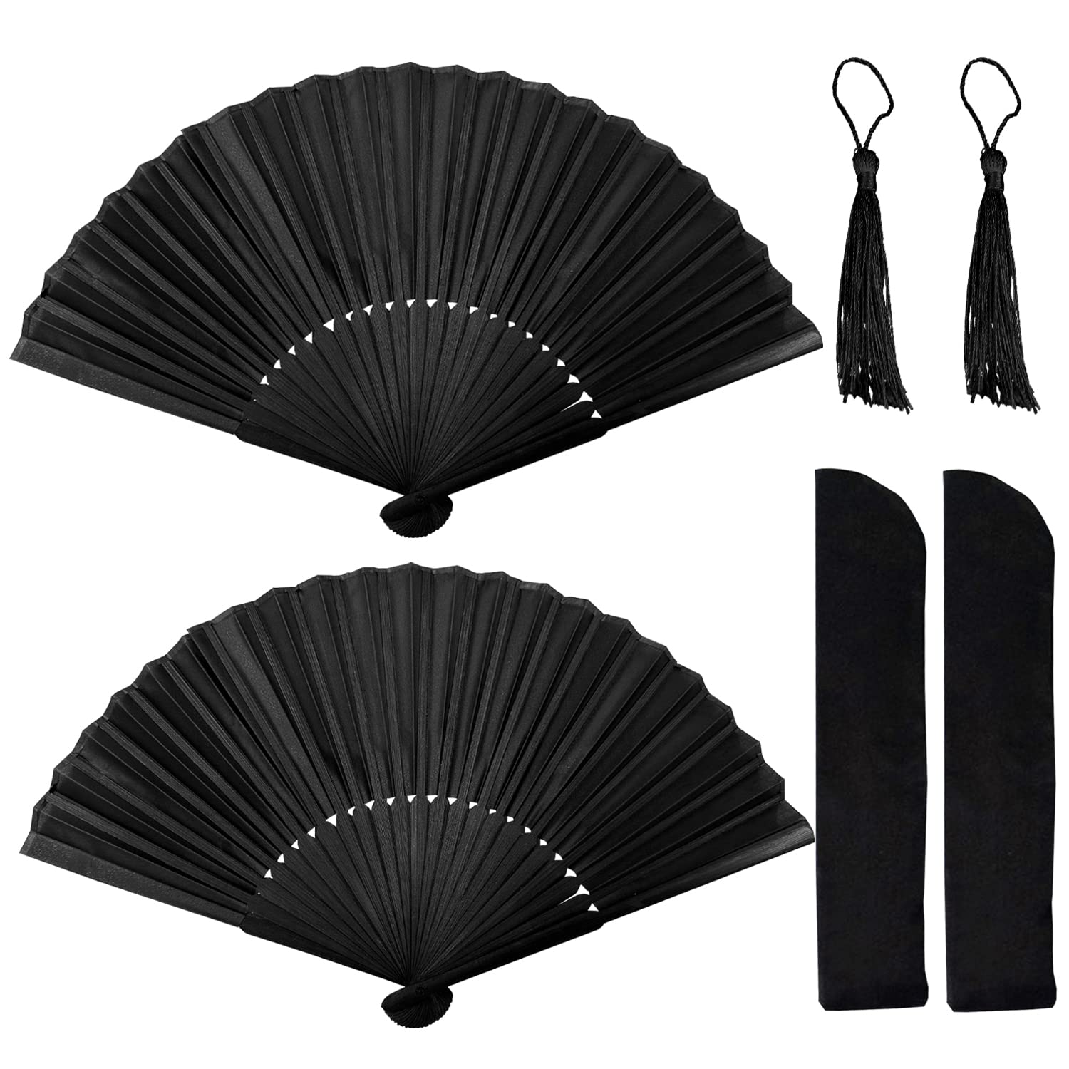 2pcs Black Hand Fan, Foldable Hand Fan, Summer Fan Folding Fan, Chinese Style Wedding Hand Fan With 2pcs Fan Storage Bag, 2pcs Black Tassel Accessories