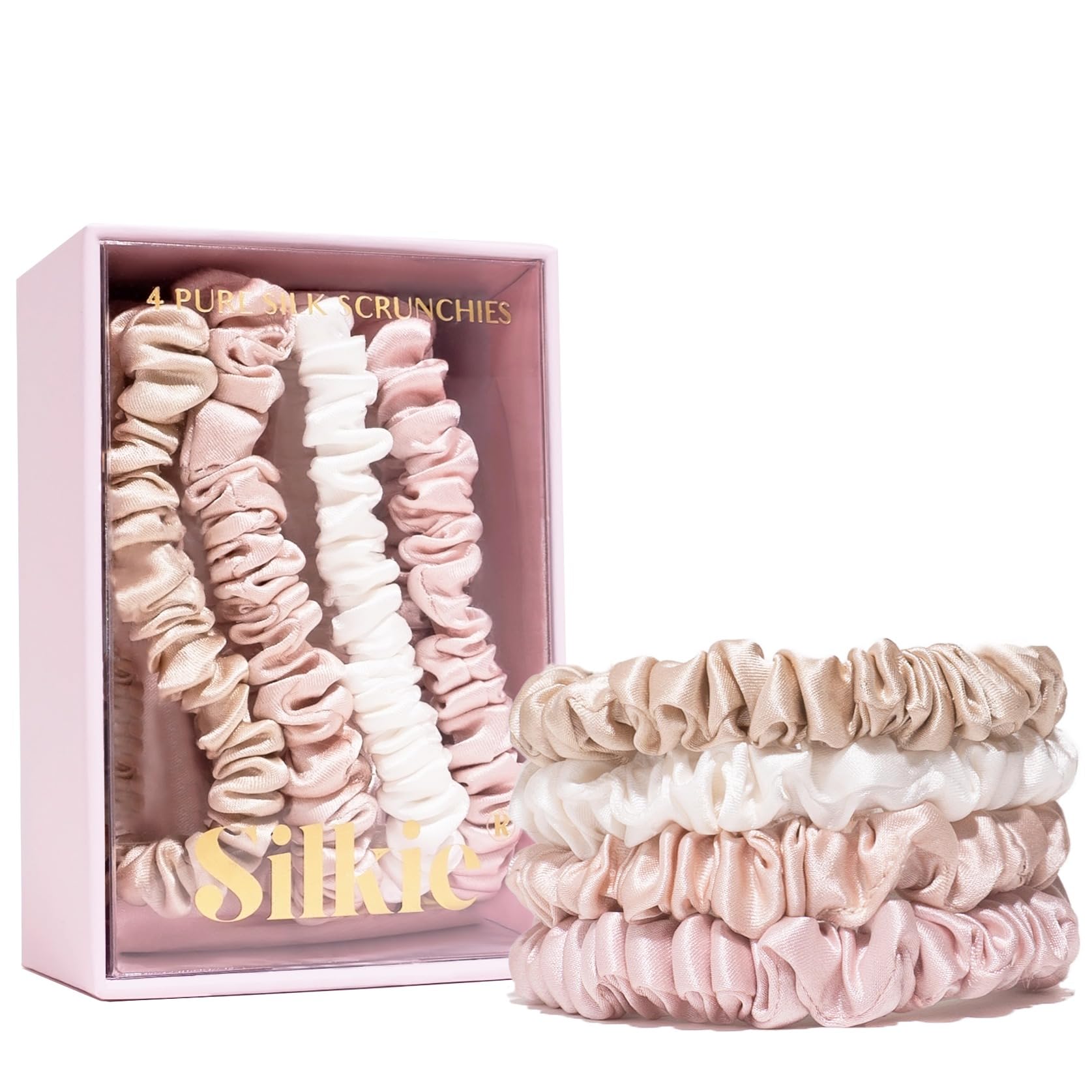 SILKIE x4 Set 100% Pure Mulberry Silk Nude Pink Neutral Skinny Scrunchies Travel Pouch Everyday Hair Ties Elastics Hair Care Ponytail Holder No Damage