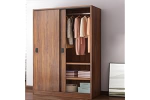 LITFAD Sliding Door Wood Wardrobe Cabinet Modern Mutil-Functional Armoire with Shelves and Soft-Close Freestanding Closet for Bedroom Hotel - Brown 47" L x 18" W x 71" H
