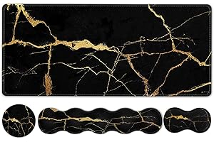 iLeadon Pad Set, Large Gaming Mouse Pad + Keyboard Wrist Rest + Mouse Pad with Wrist Support + Coaster, Easy Typing Pain Relief, 35.4x15.7in Desk Mat for Home Office, Black Gold Marble