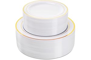 Suwimut 100 Pieces Plastic Party Plates White Gold Rim, Disposable Heavy Duty Plastic Plates Set for Parties Wedding, 50 Dinn