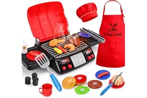 AUGTOY Kids Grill Playset Kitchen Toys with Apron Hat for Cooking Food Smoke Light Outdoor Pretend Play Accessories 3-5 4-8 BBQ Outside Camping Barbecue Toddler Boy Toy 3 4 5 6 Year Old Birthday Gift