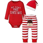 Menglang Baby Boy Christmas Outfit Infant Christmas Romper Red Striped Pants with Hat 3Pcs for Newborn to 18 Months