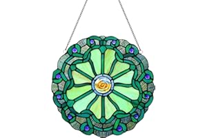 Karhuimoyi 12 Inch Round Stained Glass Window Panel Tiffany Style Ornament Handmade Green Flower Suncatchers for The Windows Or Wall