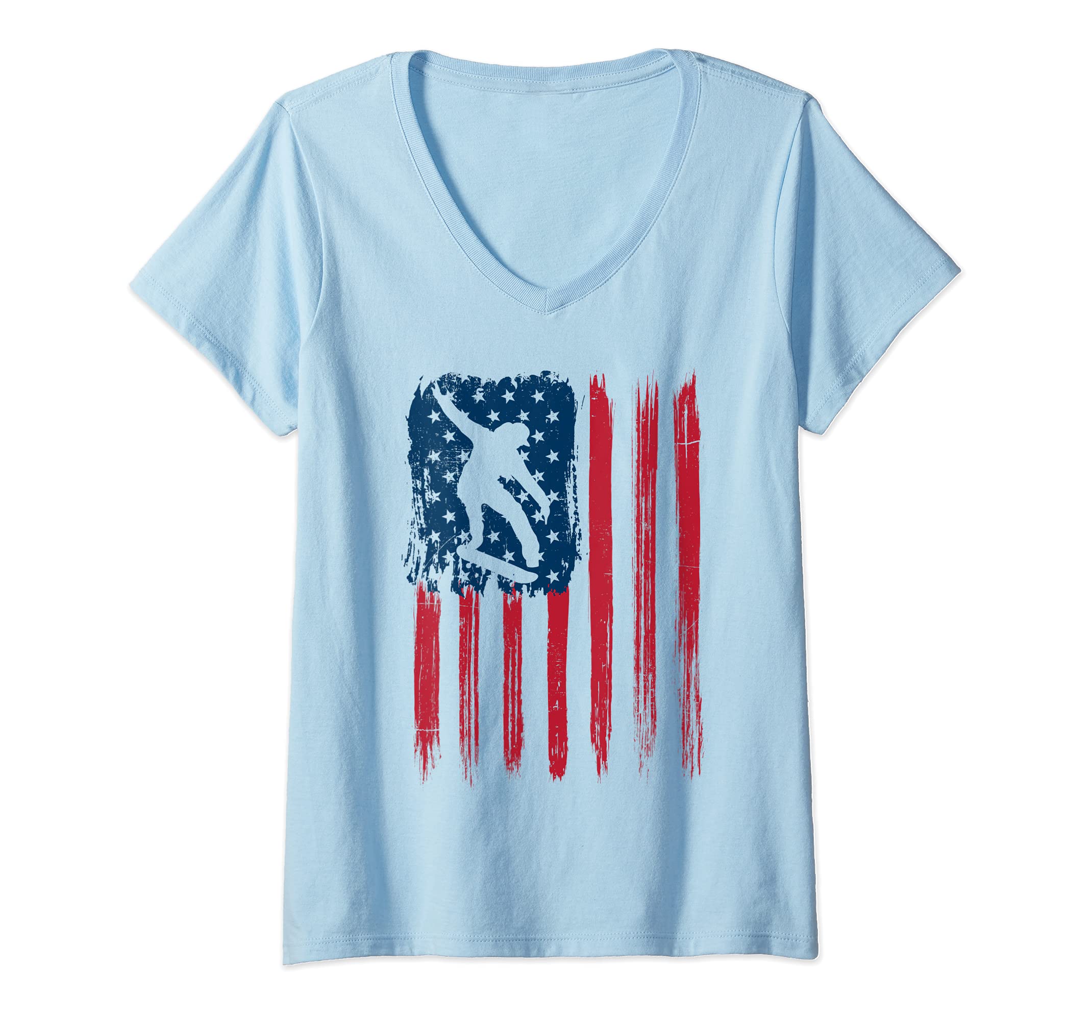 Womens Skateboard American Flag Skate Skateboarding Skateboarder V-Neck T-Shirt
