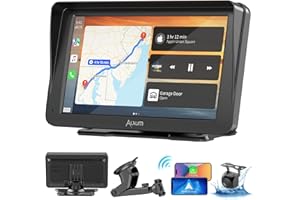 Alxum 7" Wireless Android Auto & Apple CarPlay Screen for Cars, HD Touchscreen Portable Car Display with Backup Camera, Mirror Link, GPS Navigation, Voice Control, Universal Vehicle Compatibility